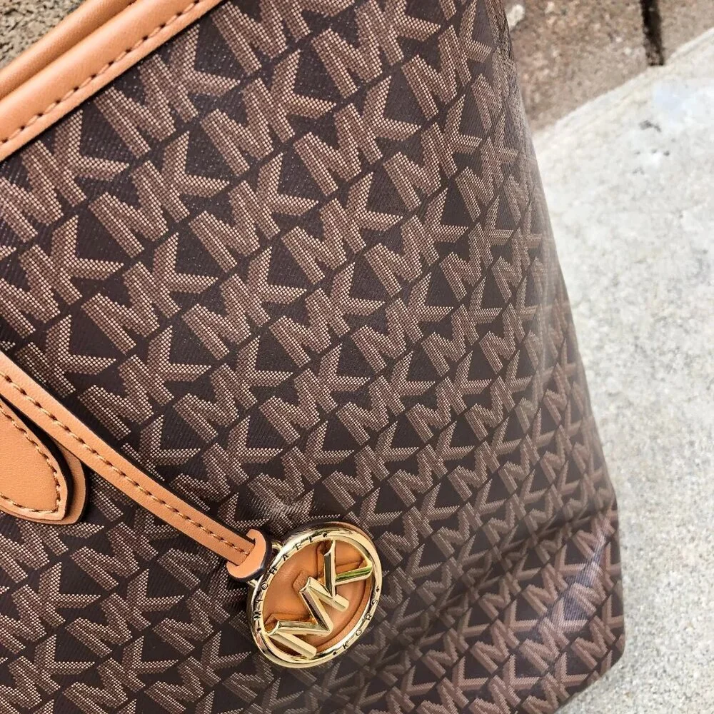 MICHAEL KORS Eliza All Over Tote Bag Purse Monogram Shoulder Bag Brown East West